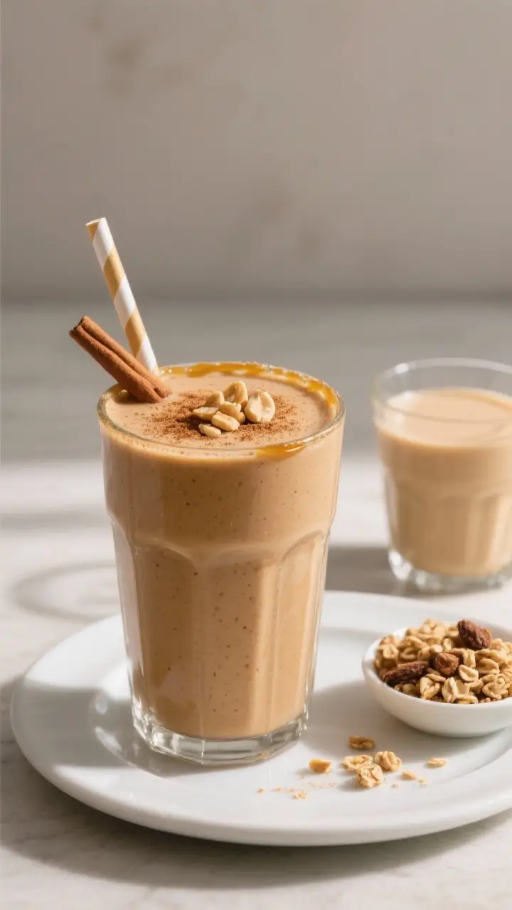 Final presentation shot: a tall, chilled glass filled with the finished smoothie, ultra-creamy and p