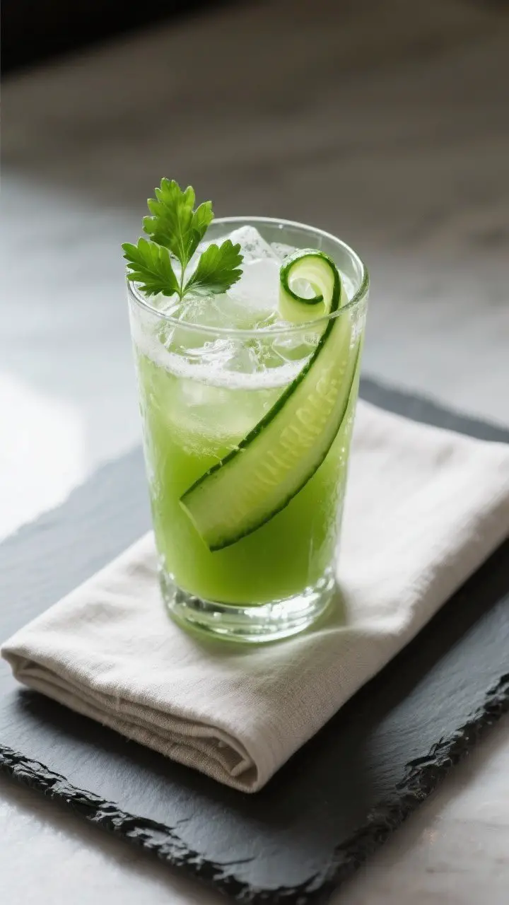 Final presentation shot: Restaurant-quality presentation of the finished green detox juice served ov