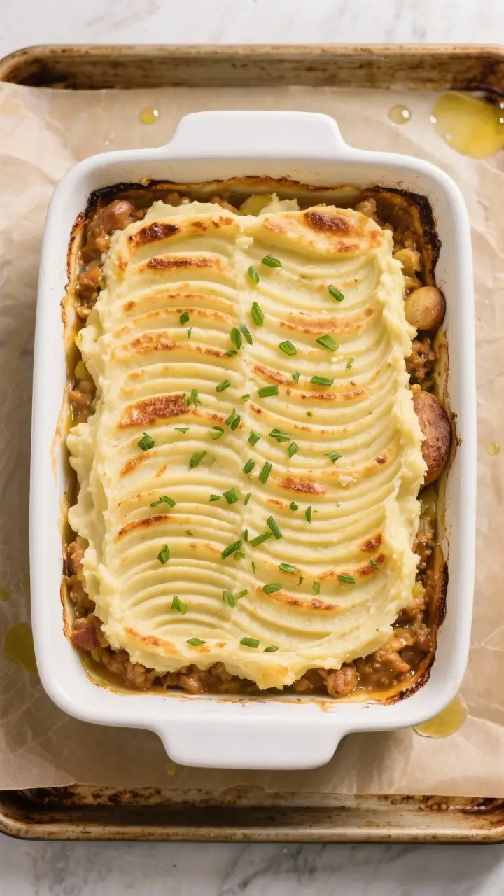 Overhead “assembly and bake” shot: The casserole freshly baked at 400°F, top layer of mashed ru