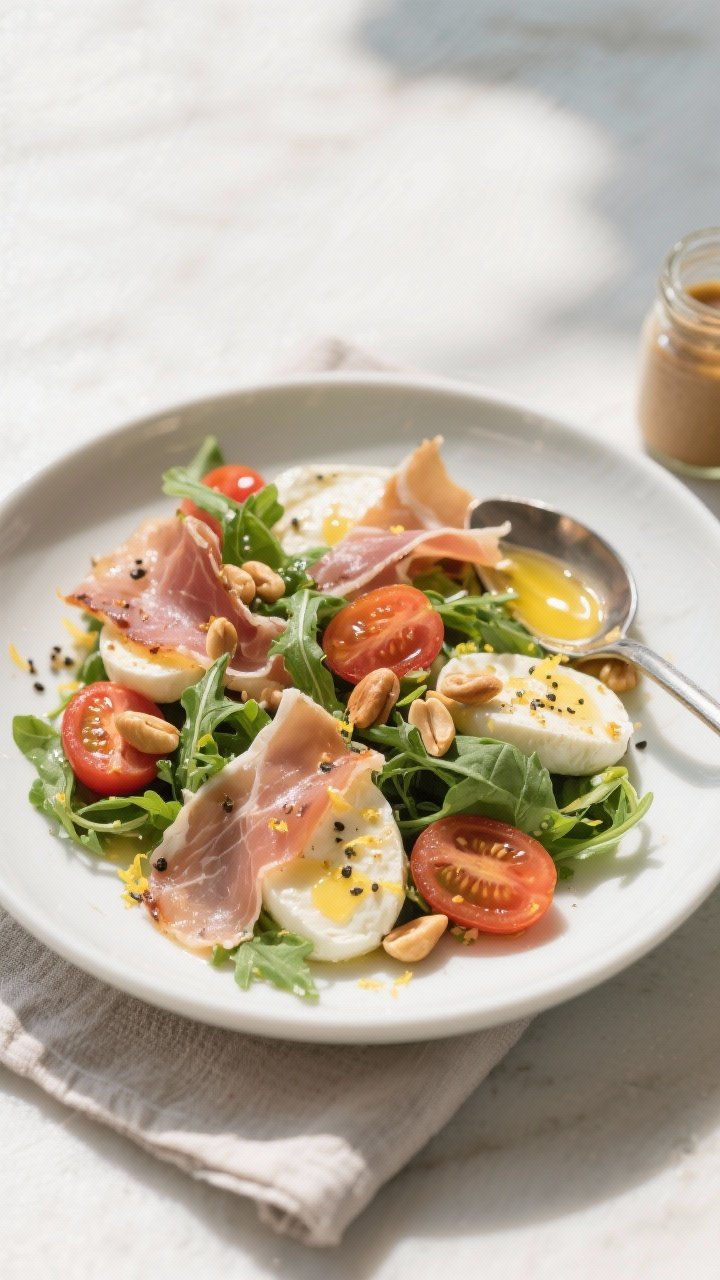 Overhead final dish shot: Warm Mozzarella & Parma Ham Salad with Arugula arranged in a wide, shallow