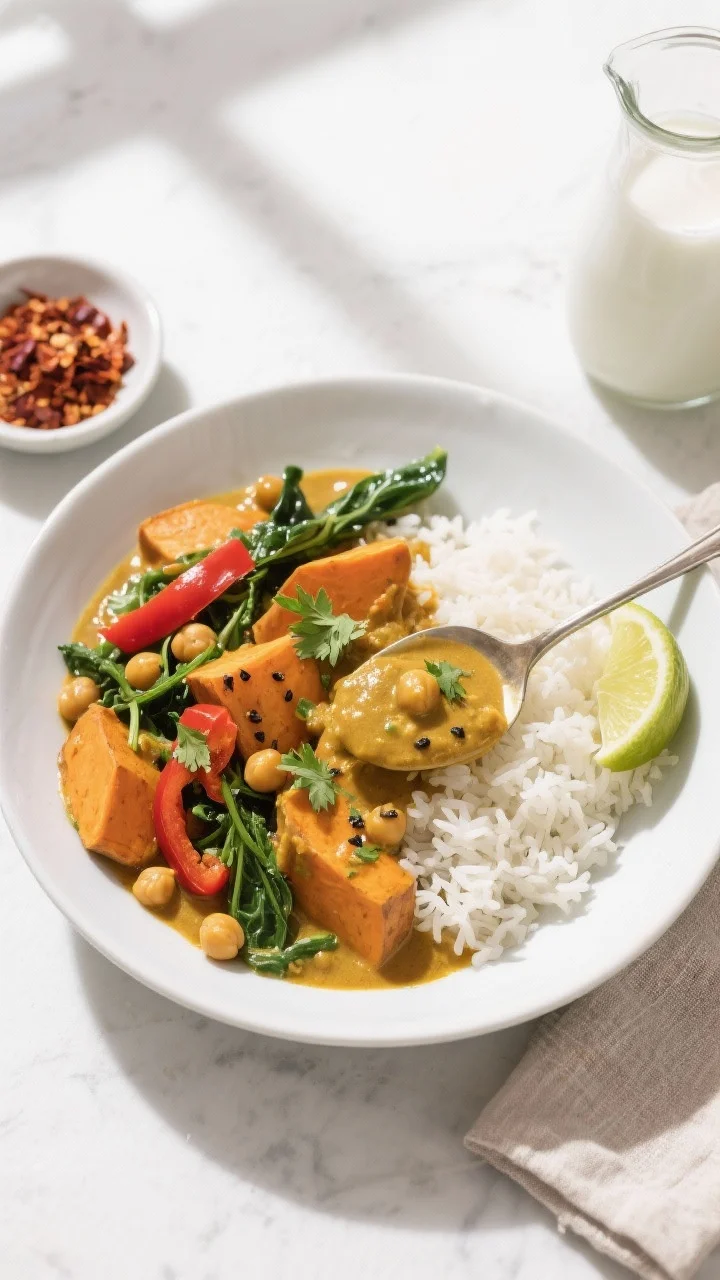 Overhead final dish: Tasty of the curry spooned over fluffy jasmine rice in a wide white bowl, vibra