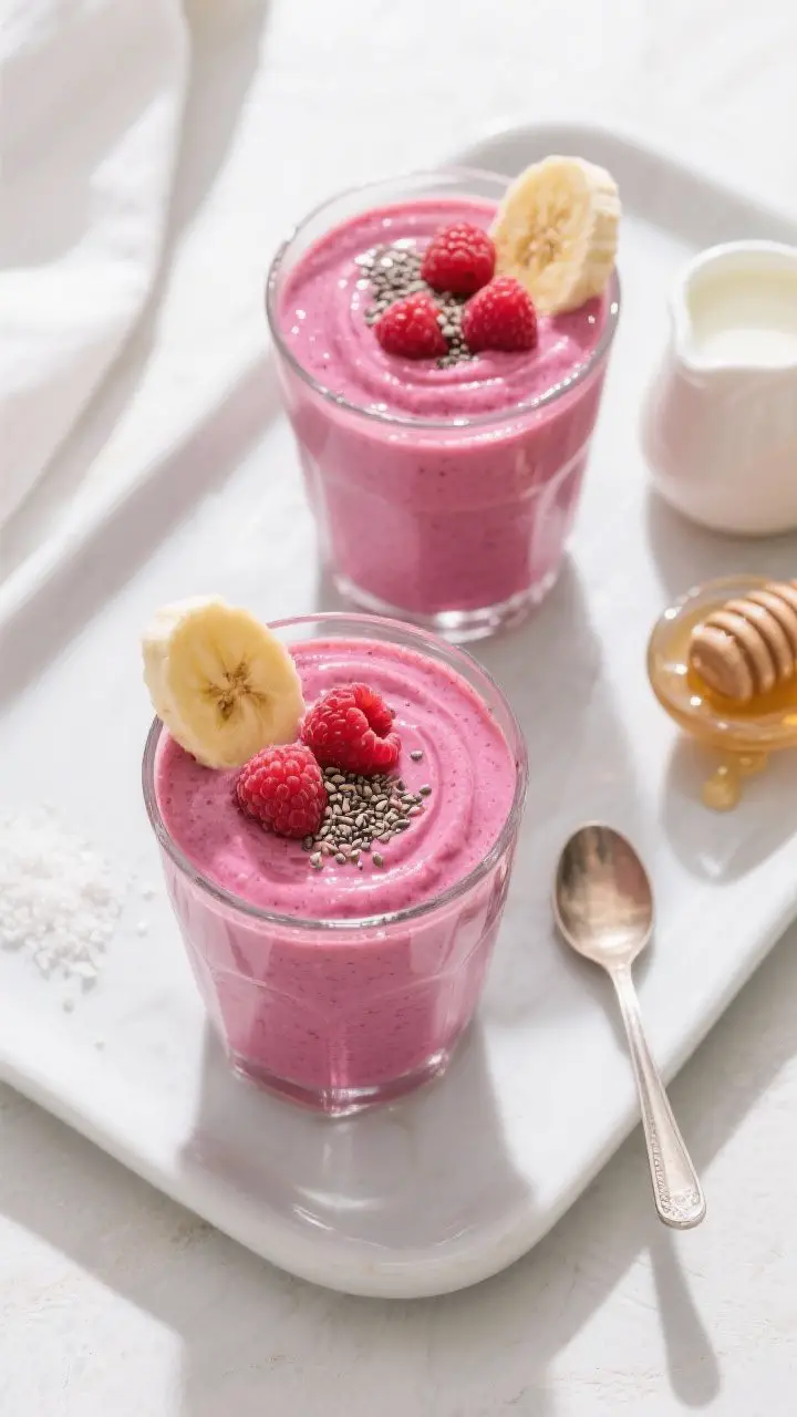 Overhead final presentation: bright raspberry banana yogurt smoothie served in two chilled glasses, 