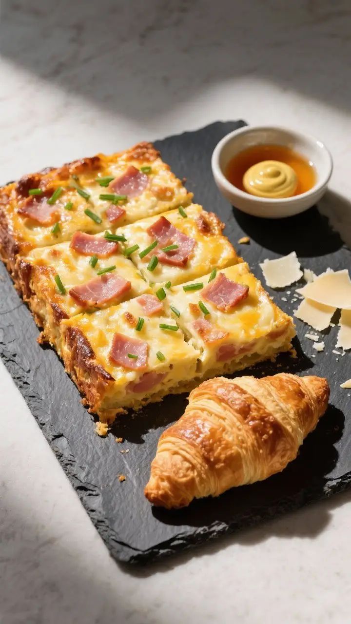 Overhead final presentation: Top-down hero shot of the Ham and Cheese Croissant Breakfast Bake cut i
