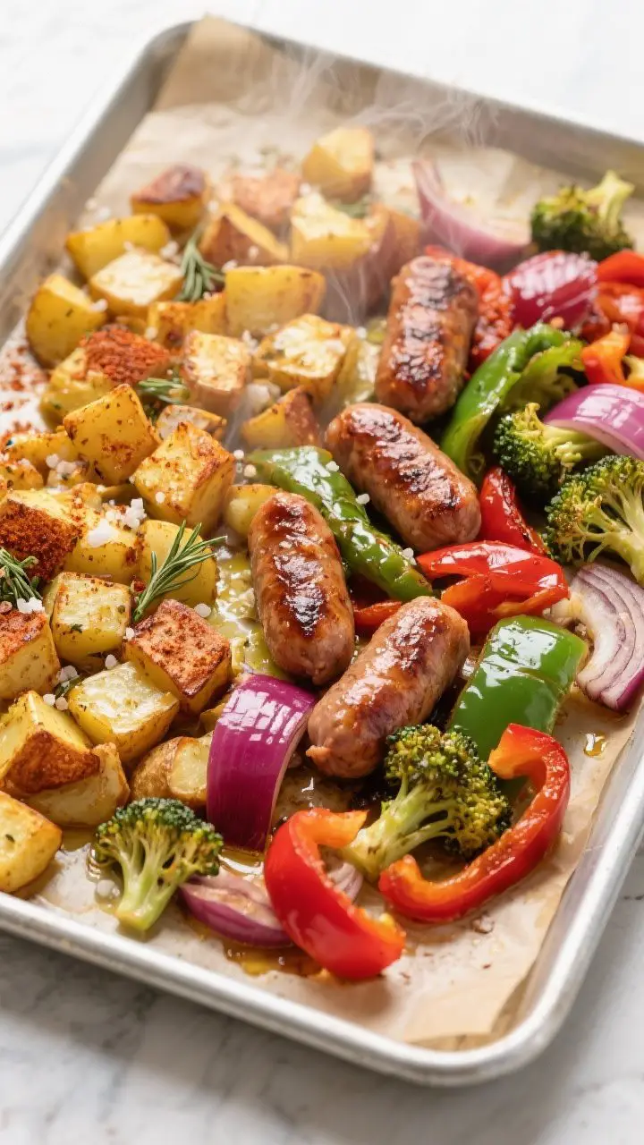 Overhead shot of a sheet pan breakfast hash mid-roast: golden, par-roasted 1/2-inch Yukon Gold potat