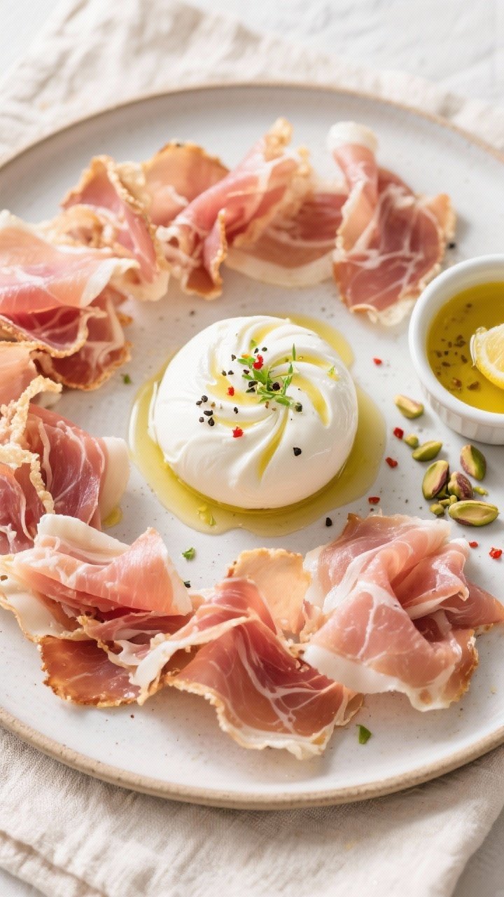 Overhead tasty top view: A top-down shot of the assembled appetizer board—burrata centered on a sw