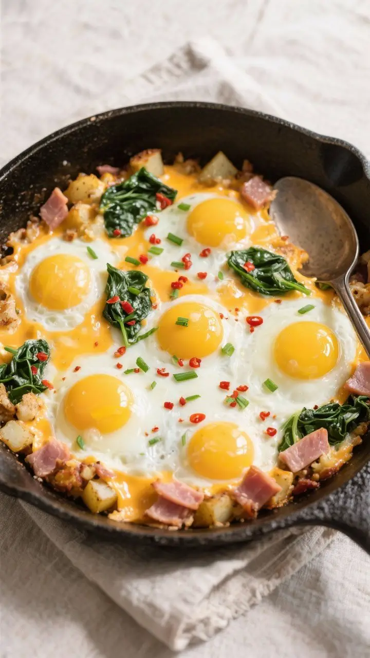 Overhead tasty top view: Cheesy Ham & Spinach Breakfast Skillet finished in the pan, with 4–6 eggs