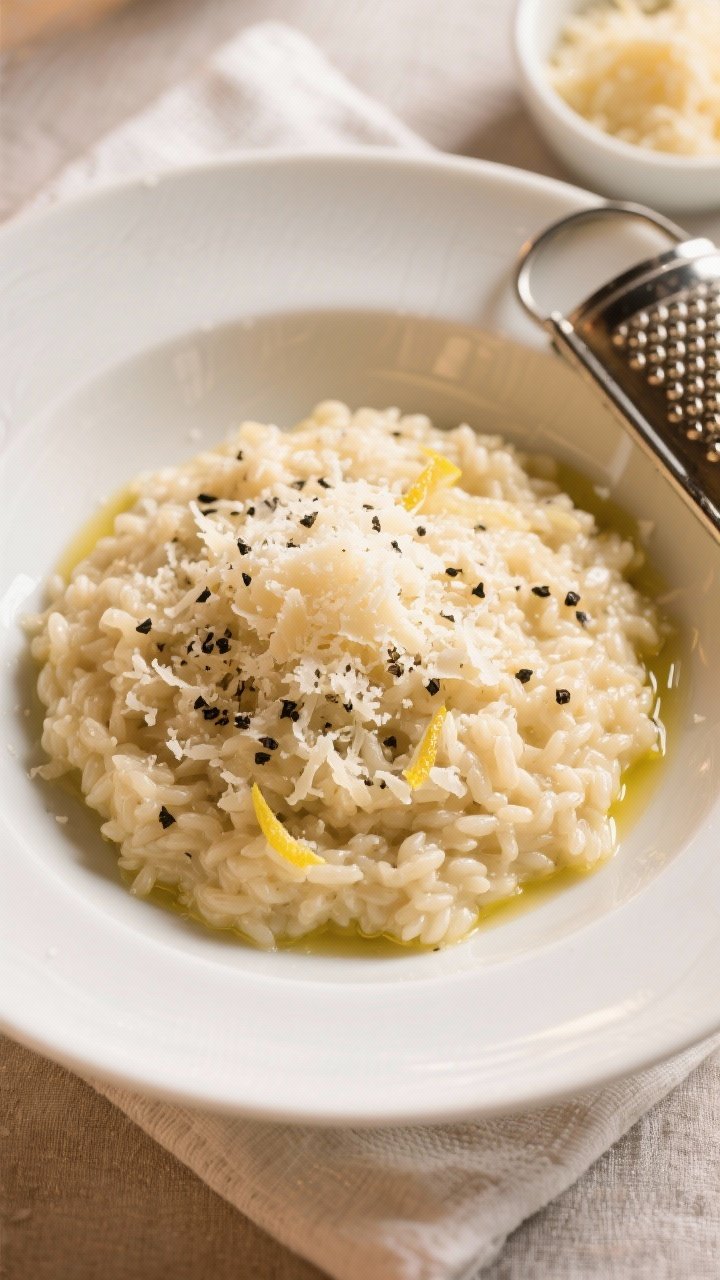 Overhead tasty top view: Final plated Creamy Parmesan Risotto with Black Pepper in a warm, shallow w