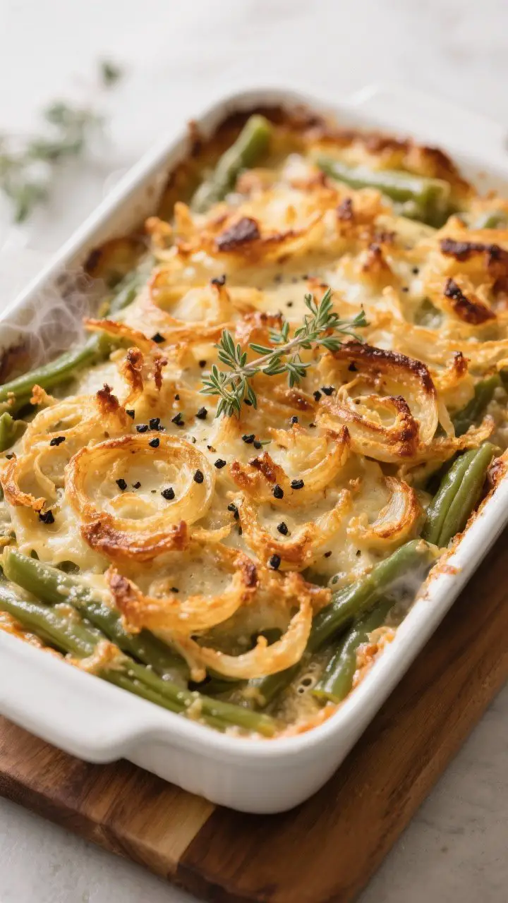 Overhead “tasty top view” of the baked vegan green bean casserole right after the final bake: an