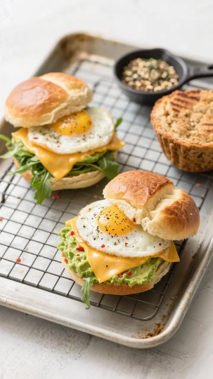 Overhead tasty top view: Two assembled breakfast sandwiches (one with brioche bun, one with whole-gr