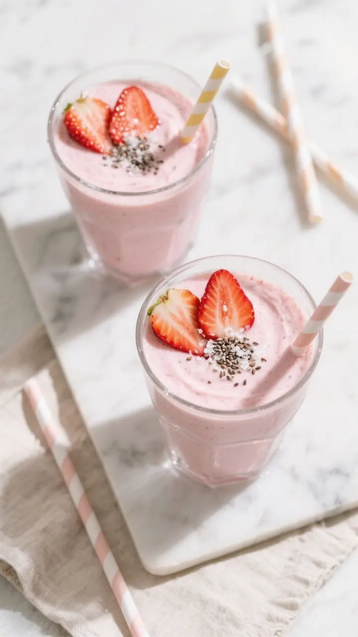 Overhead “tasty top view”: Two thick strawberry banana yogurt smoothies poured into chilled clea