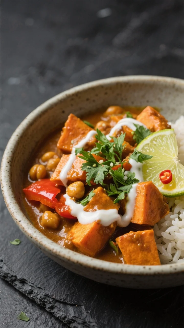 Plated restaurant-style presentation: Beautifully plated vegan sweet potato curry served in a shallo