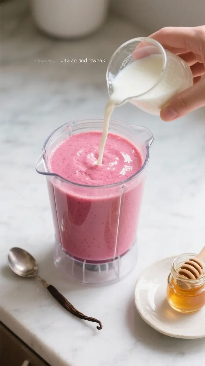 Process-action top view: quick “taste and tweak” step in progress, smoothie in blender jar on a 