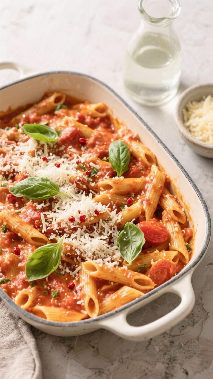Tasty : Overhead shot of a family-style serving—creamy tomato basil penne in a large enamel casser