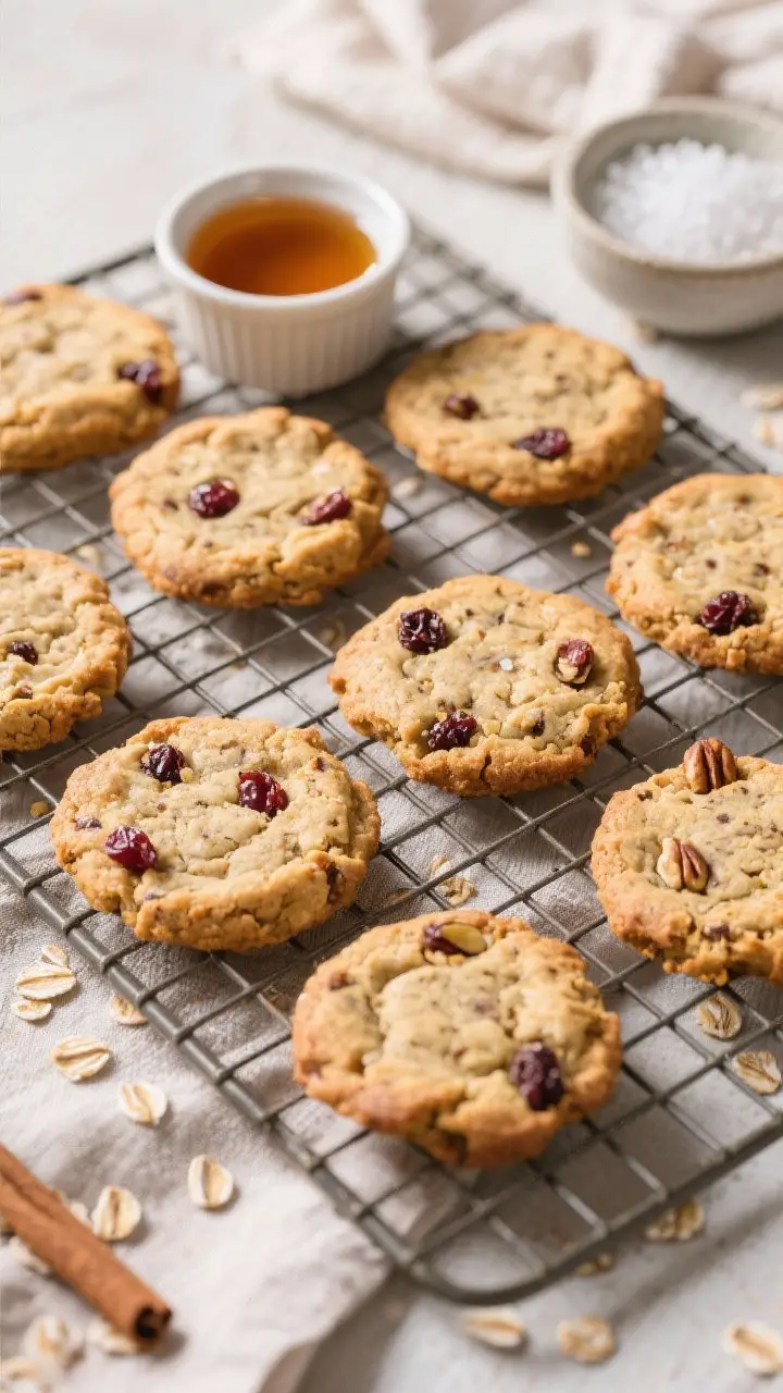 Tasty top-down bake shot: Overhead view of freshly baked Maple Banana Oat Breakfast Cookies cooling 