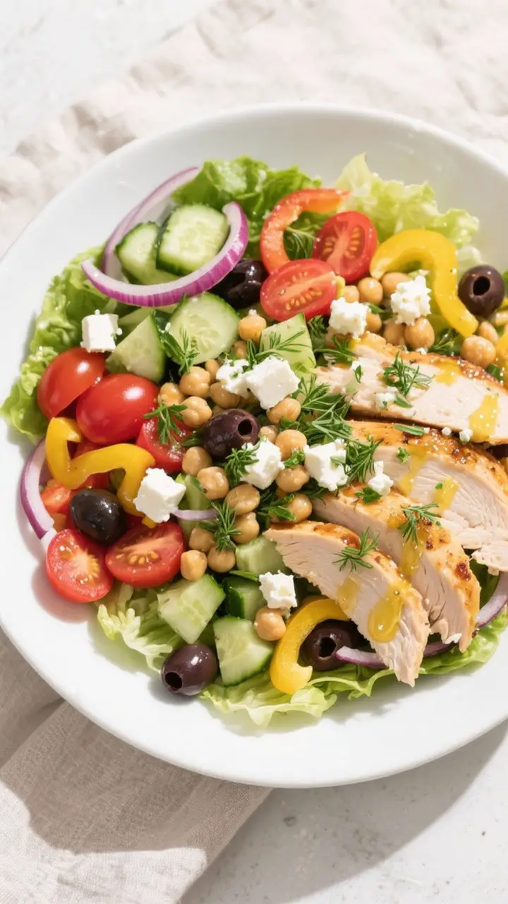 Tasty top view — Assembled Greek Chicken Protein Salad: Overhead shot of a large shallow bowl laye