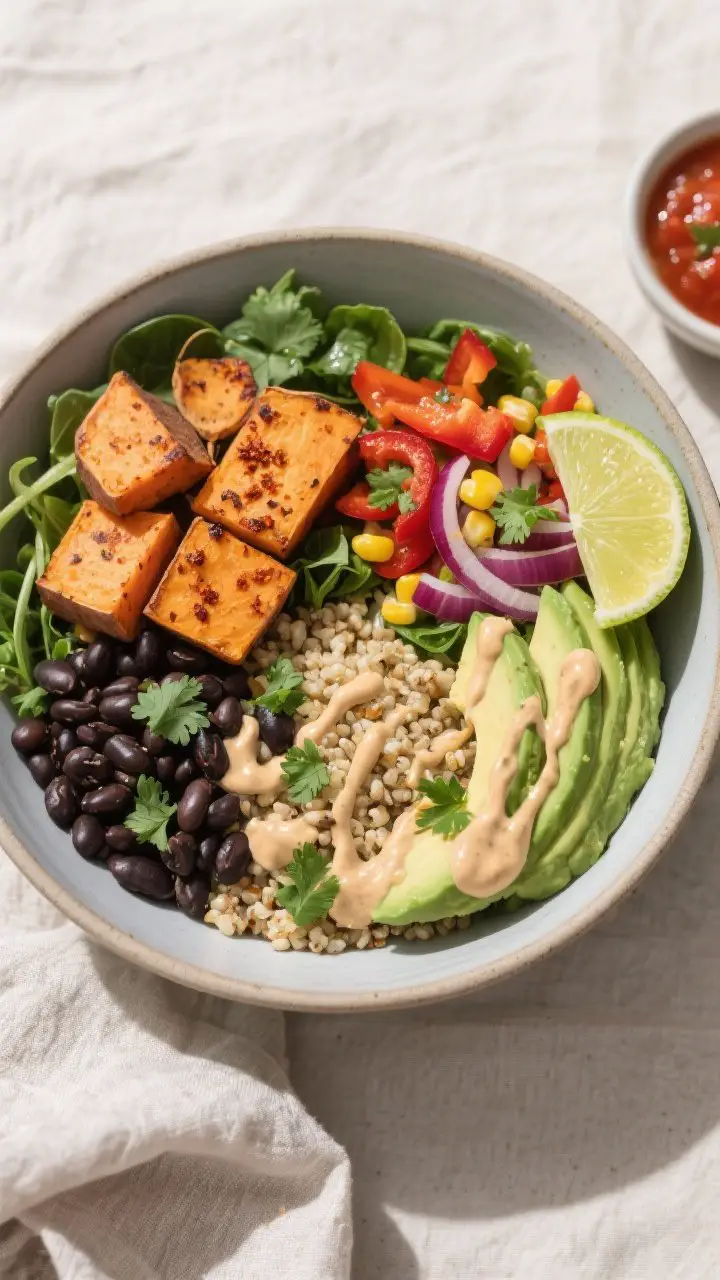 Tasty top view — Build-your-bowl moment: Overhead shot of a half-assembled Vegan Sweet Potato Blac