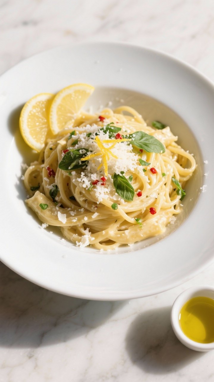 Tasty top view final dish: Overhead shot of a wide, white pasta bowl filled with lemon ricotta pasta