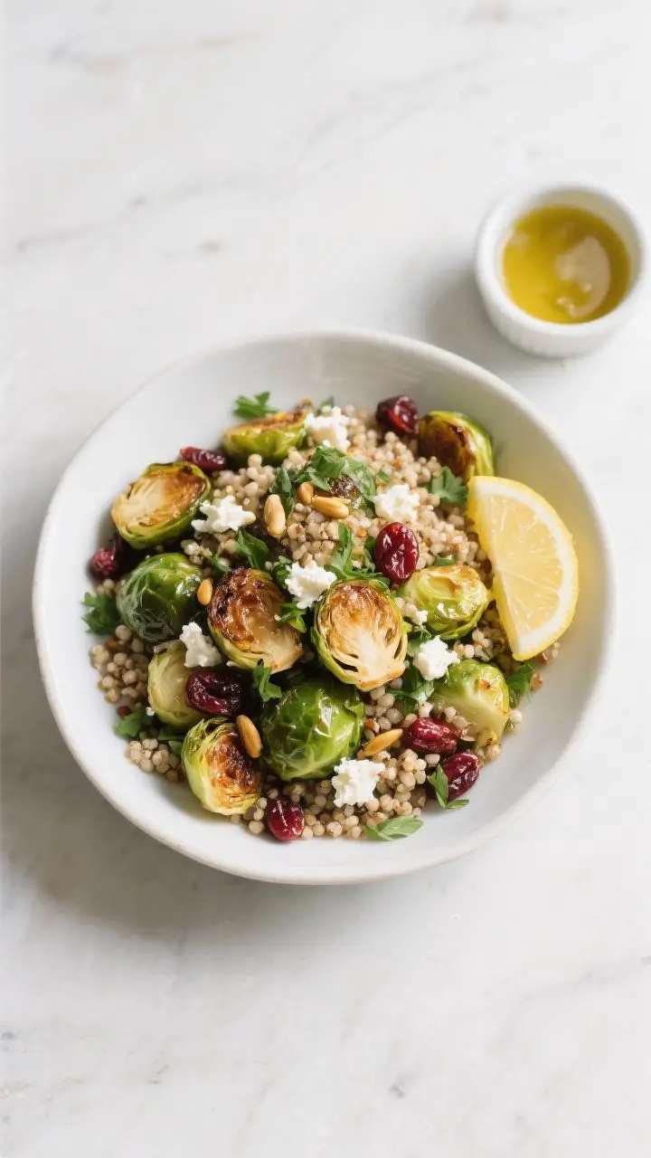 Tasty top view final dish: Overhead shot of Maple Roasted Brussels Sprouts & Quinoa Salad plated in 