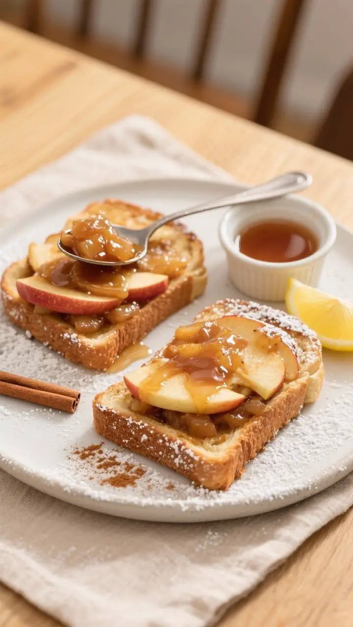 Tasty top view (final dish): Overhead shot of two plated apple pie stuffed breakfast toasts on a mat