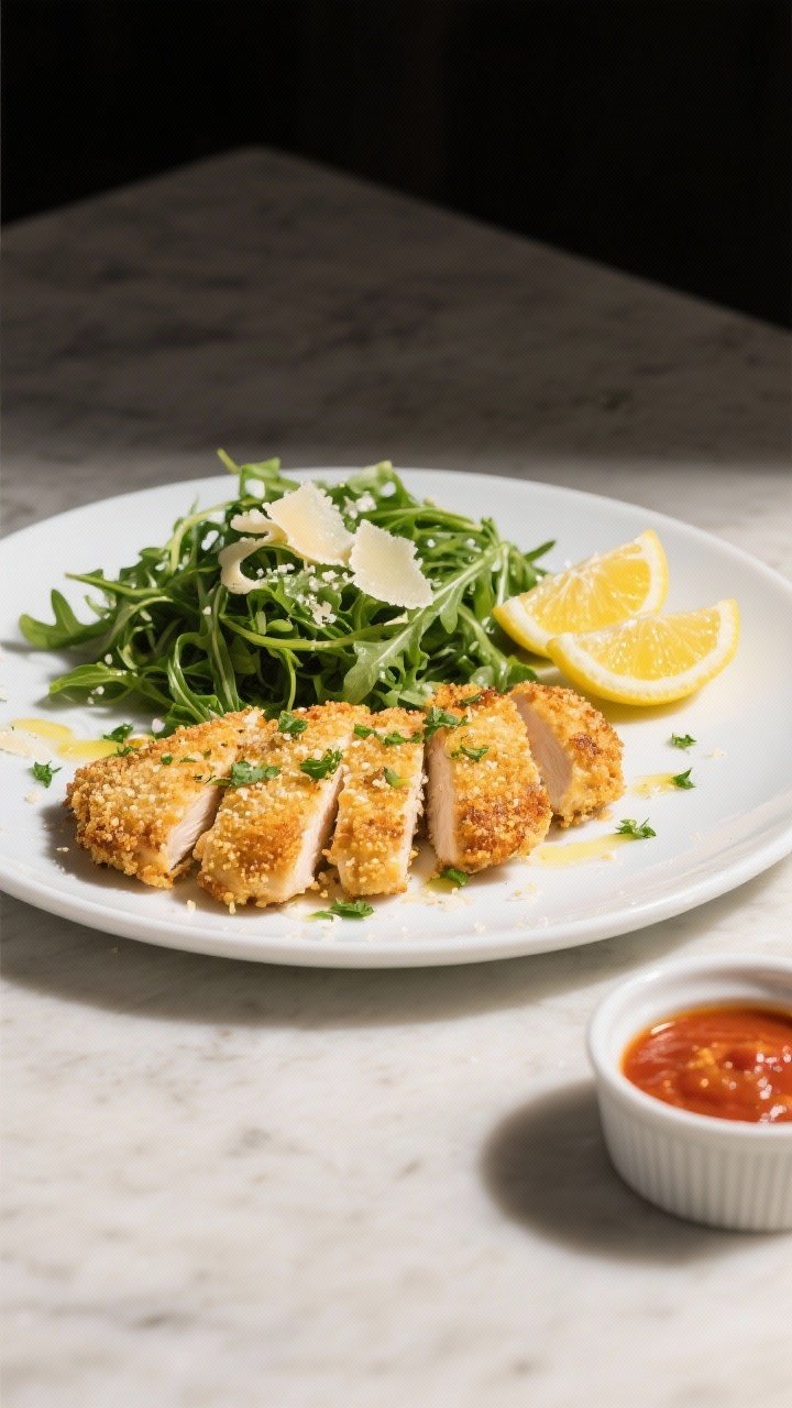 Tasty top view final plate: Overhead shot of Parmesan-crusted chicken cutlets arranged on a matte wh