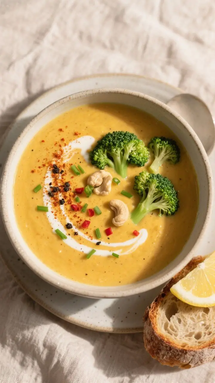 Tasty top view — final soup with mix of textures: Overhead shot of a bowl of Vegan Creamy Broccoli