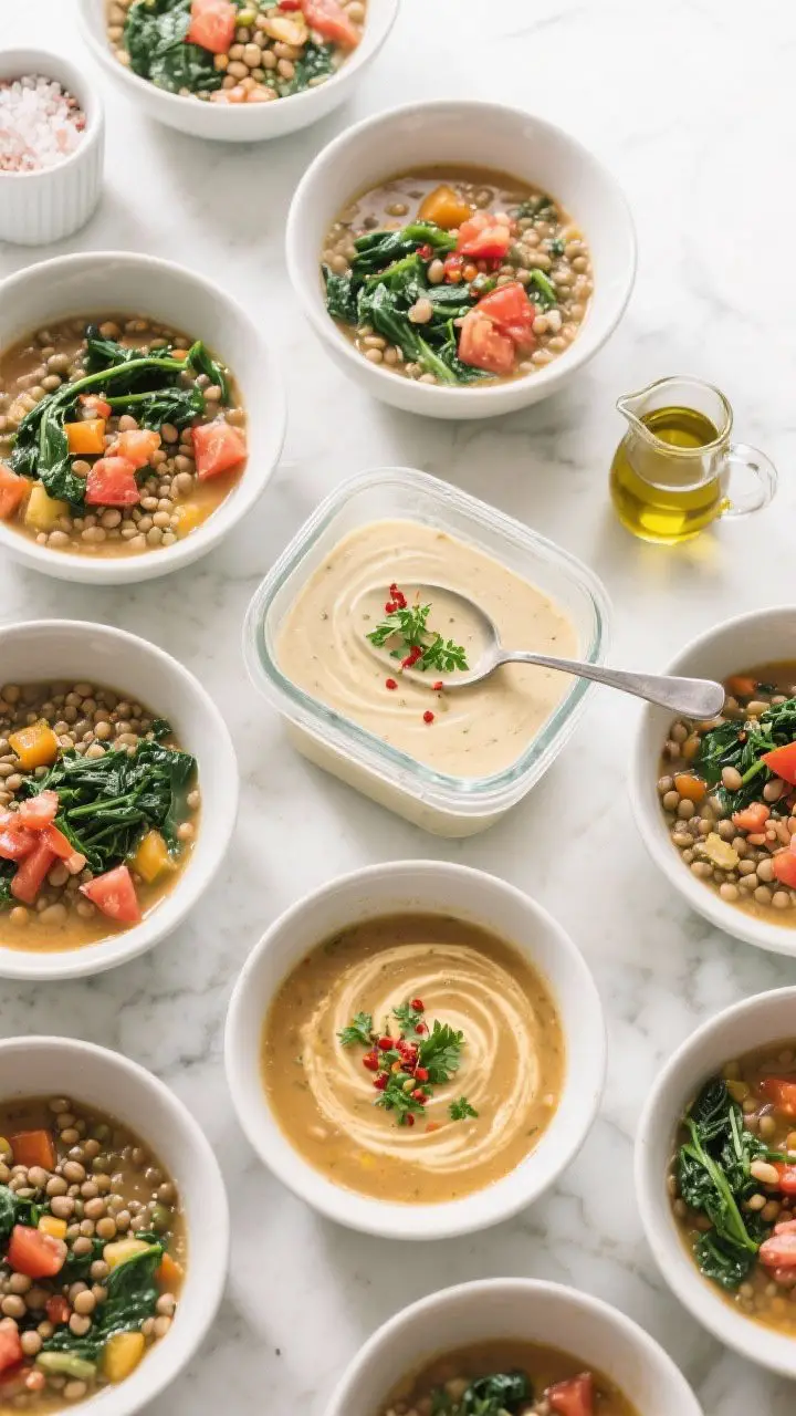 Tasty top view, meal-prep vibe: Overhead shot of multiple portions of the finished soup in wide, sha