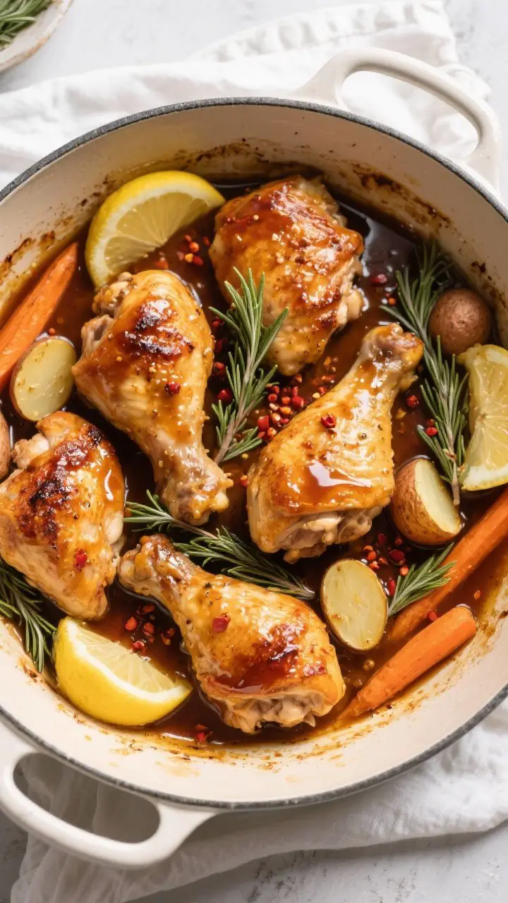 Tasty top view, one-pan oven finish: Overhead shot of One-Pan Maple Dijon Chicken Thighs just out of