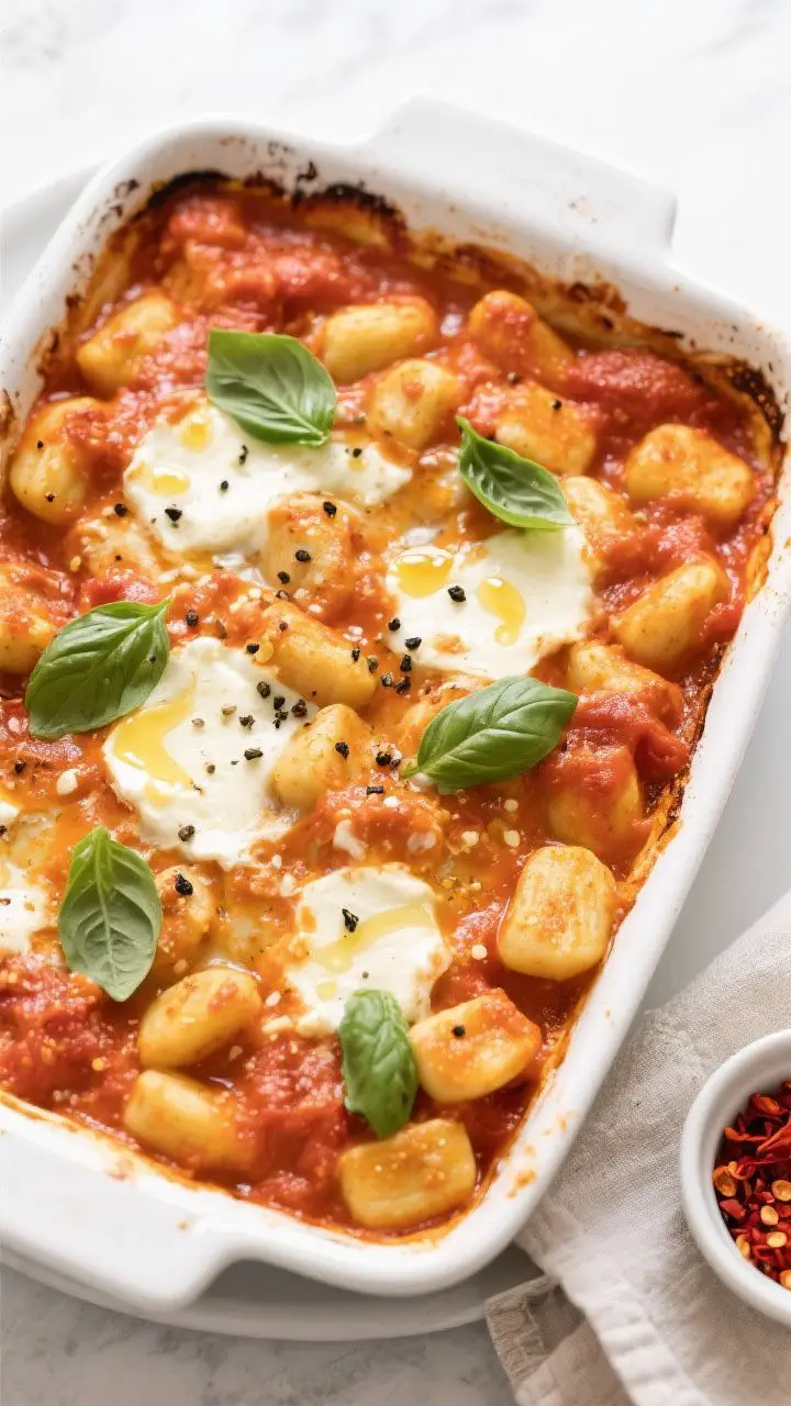 Tasty top view, oven-fresh: Overhead shot of the Vegan Creamy Tomato Gnocchi Bake just out of the ov