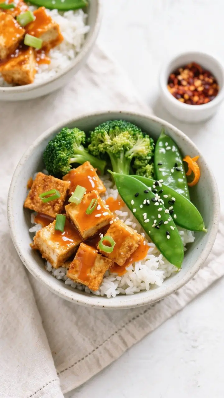Tasty top view overhead: Crispy Orange Tofu Bowls assembled over fluffy jasmine rice, with glossy or