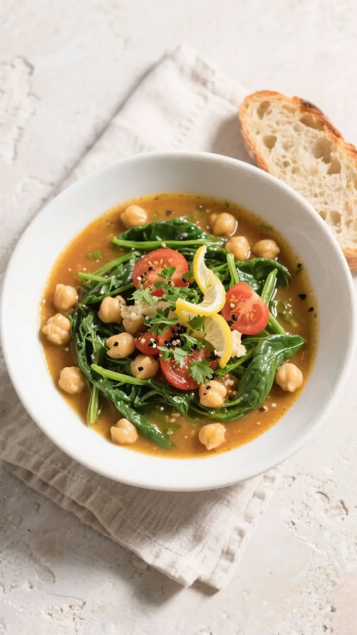 Tasty top view, overhead: Overhead shot of the finished Chickpea Spinach Soup in a wide, low white b