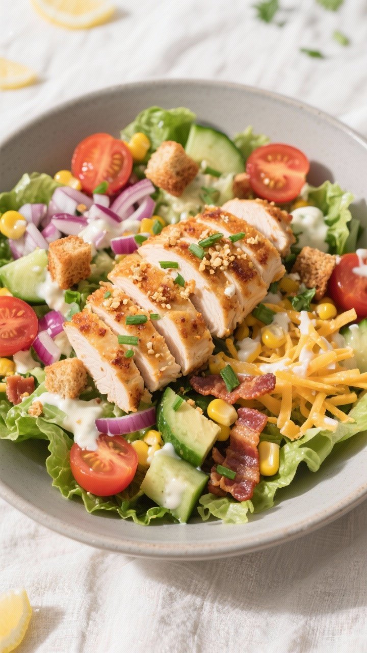 Tasty top view: Overhead shot of a chopped salad bowl with romaine, halved cherry tomatoes, diced cu