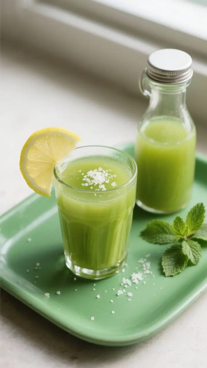 Tasty top view: Overhead shot of a finished 12-ounce glass of celery cleanse juice with a thin lemon