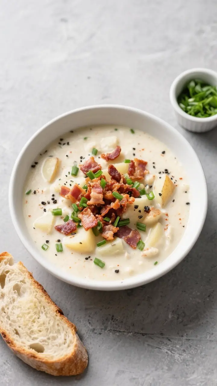 Tasty top view: Overhead shot of a full bowl of Cozy Bacon and Potato Chowder garnished with a gener