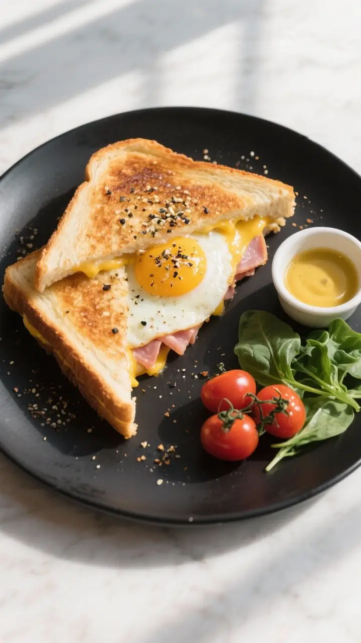 Tasty top view: Overhead shot of a just-sliced breakfast grilled cheese with egg & ham on a matte bl