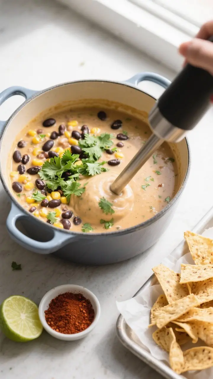 Tasty top view: Overhead shot of a ladle partially blending the soup in the pot (immersion blender j