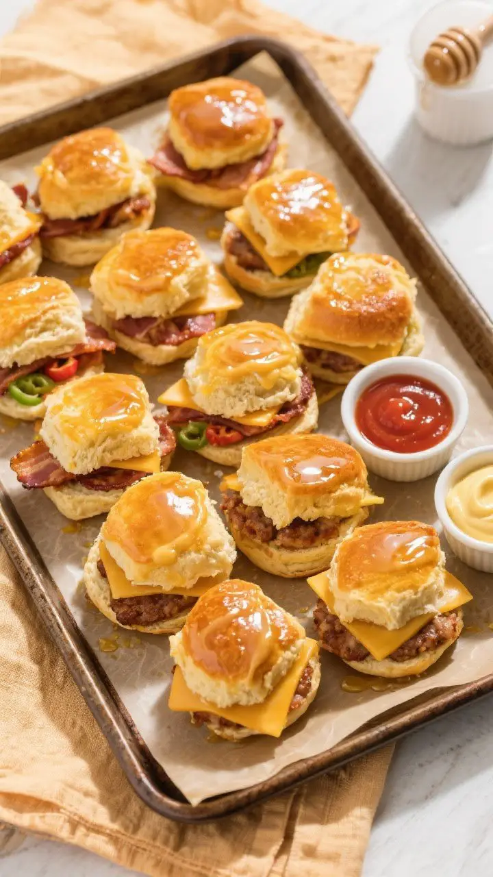 Tasty top view: Overhead shot of a tray of assembled Honey Butter Breakfast Biscuit Sliders—unifor