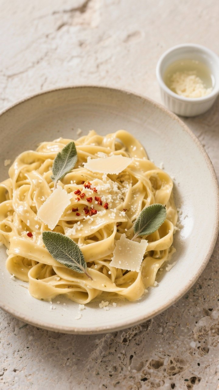Tasty top view: Overhead shot of fettuccine in a shallow wide bowl, sauce glossy and evenly emulsifi