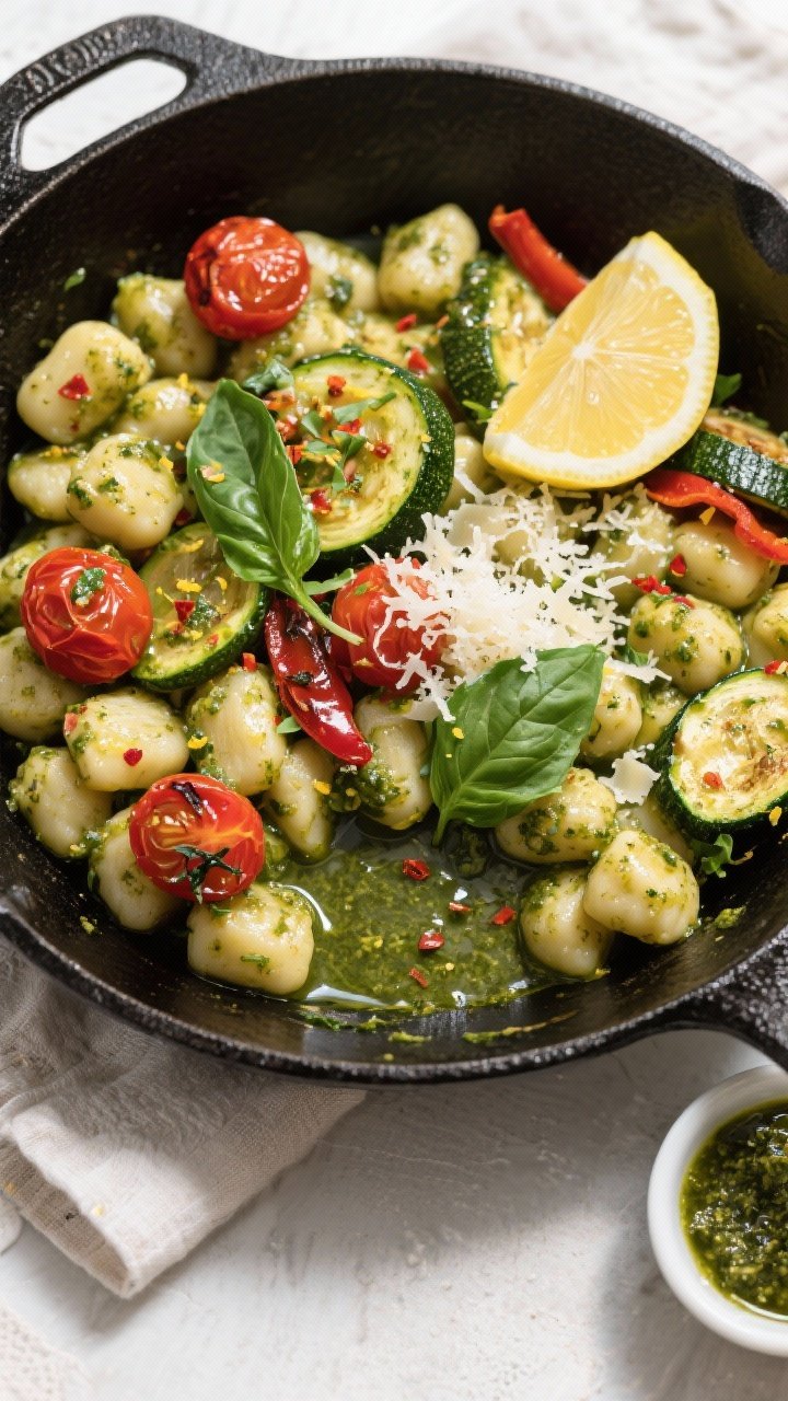 Tasty top view: Overhead shot of glossy pesto-coated gnocchi tossed with roasted veggies in a wide m
