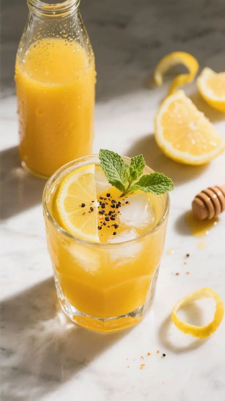 Tasty top view: Overhead shot of iced turmeric lemon wellness juice in a clear rocks glass, vibrant 