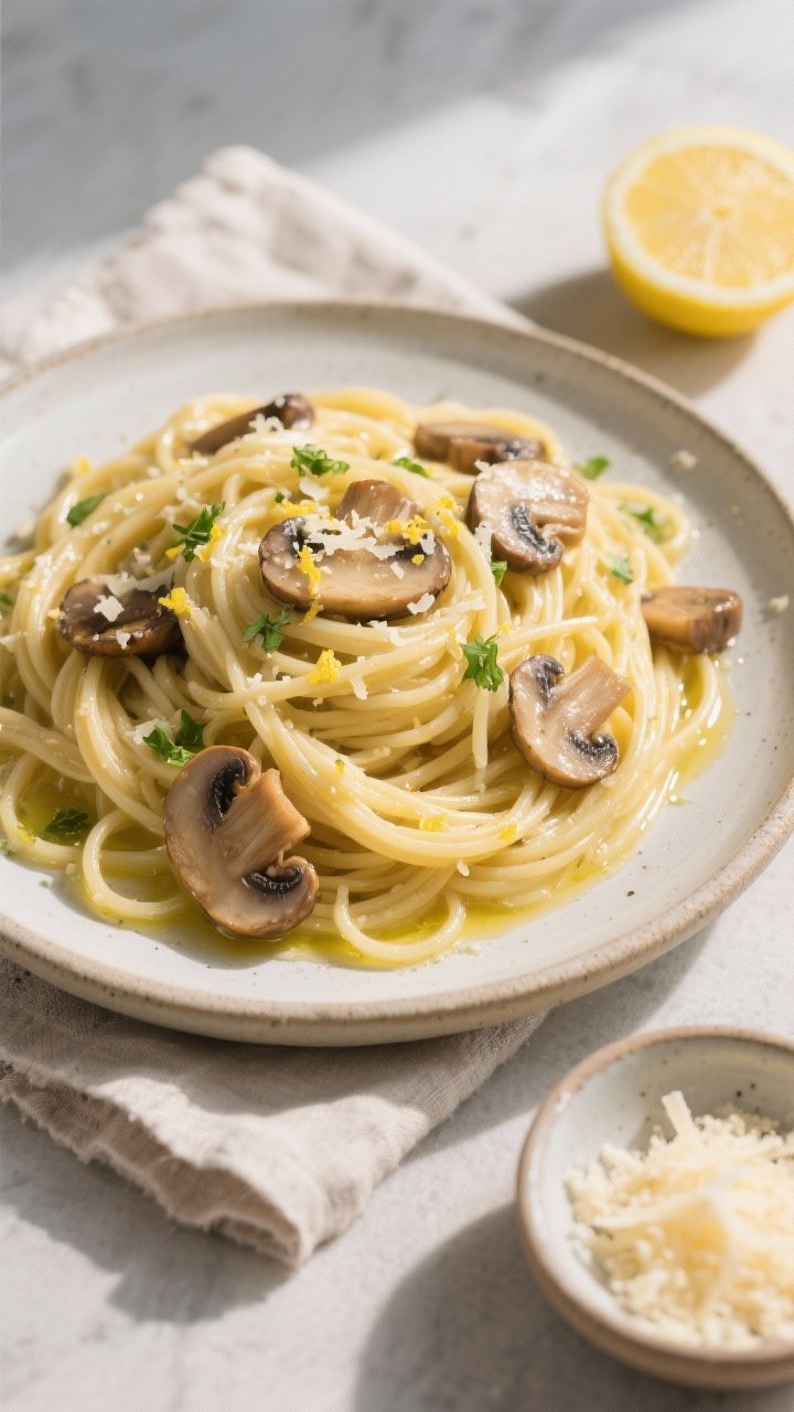 Tasty top view: Overhead shot of linguine tossed in glossy garlic-butter sauce with seared mushrooms