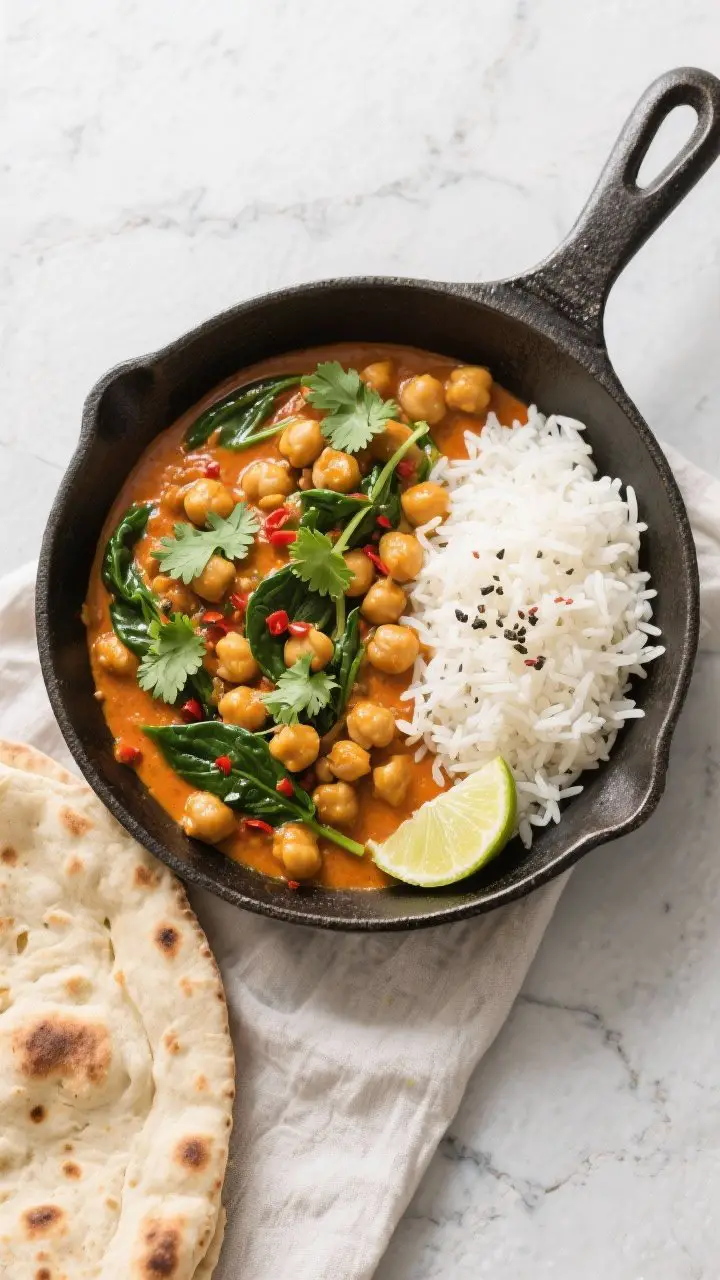 Tasty top view: Overhead shot of one-pan vegan chickpea curry at its peak simmer—plump chickpeas c