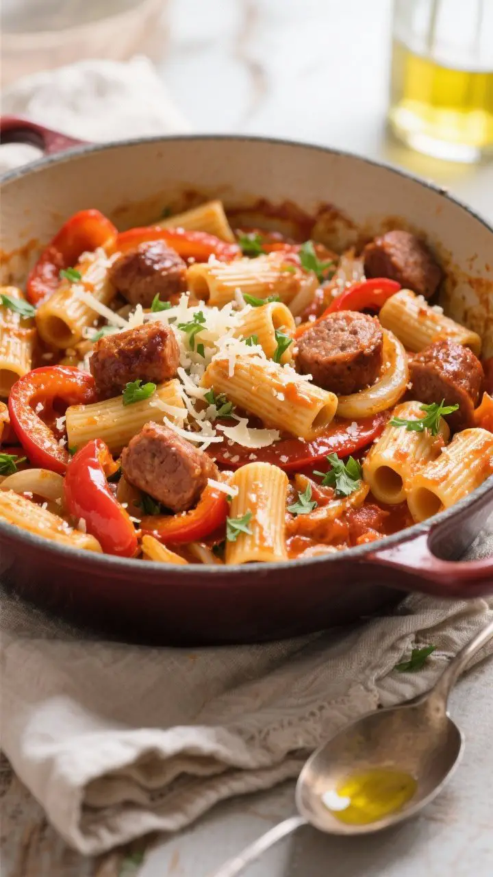 Tasty top view: Overhead shot of rigatoni tossed with sausage and peppers in a Dutch oven, sauce glo