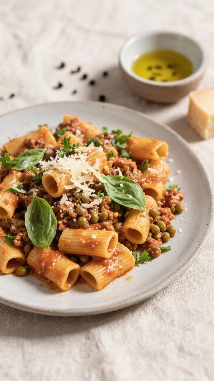 Tasty top view: Overhead shot of rigatoni tossed with lentil bolognese, sauce coating every tube; sc