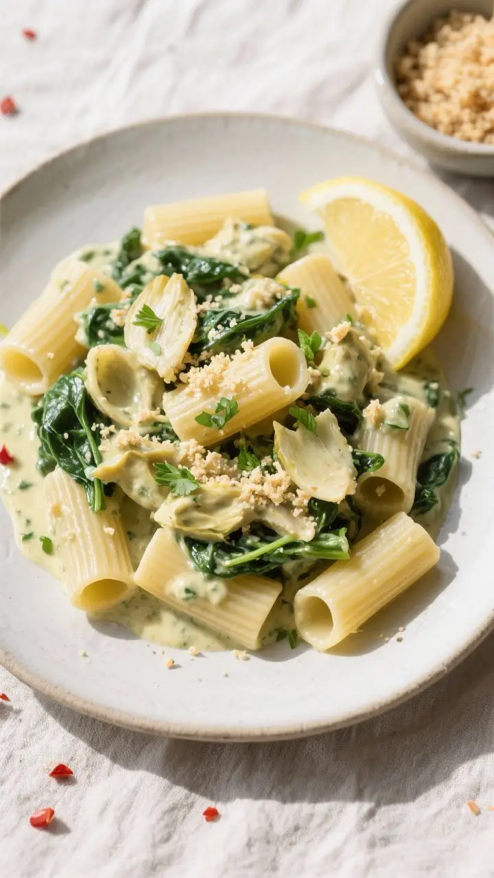 Tasty top view: Overhead shot of short pasta (rigatoni or shells) fully tossed in the vegan creamy s