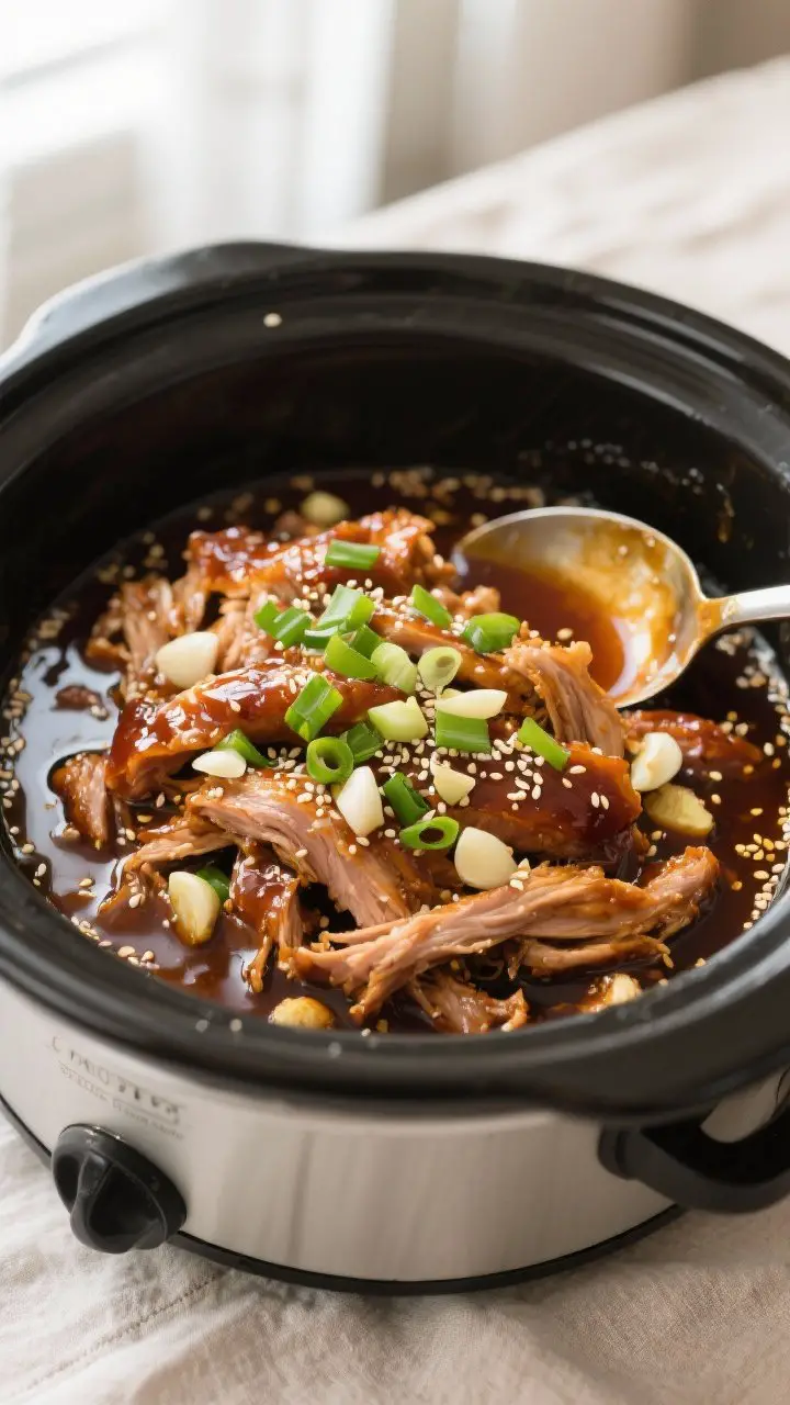 Tasty top view: Overhead shot of shredded honey garlic pork tossed back in its thick, glossy sauce i