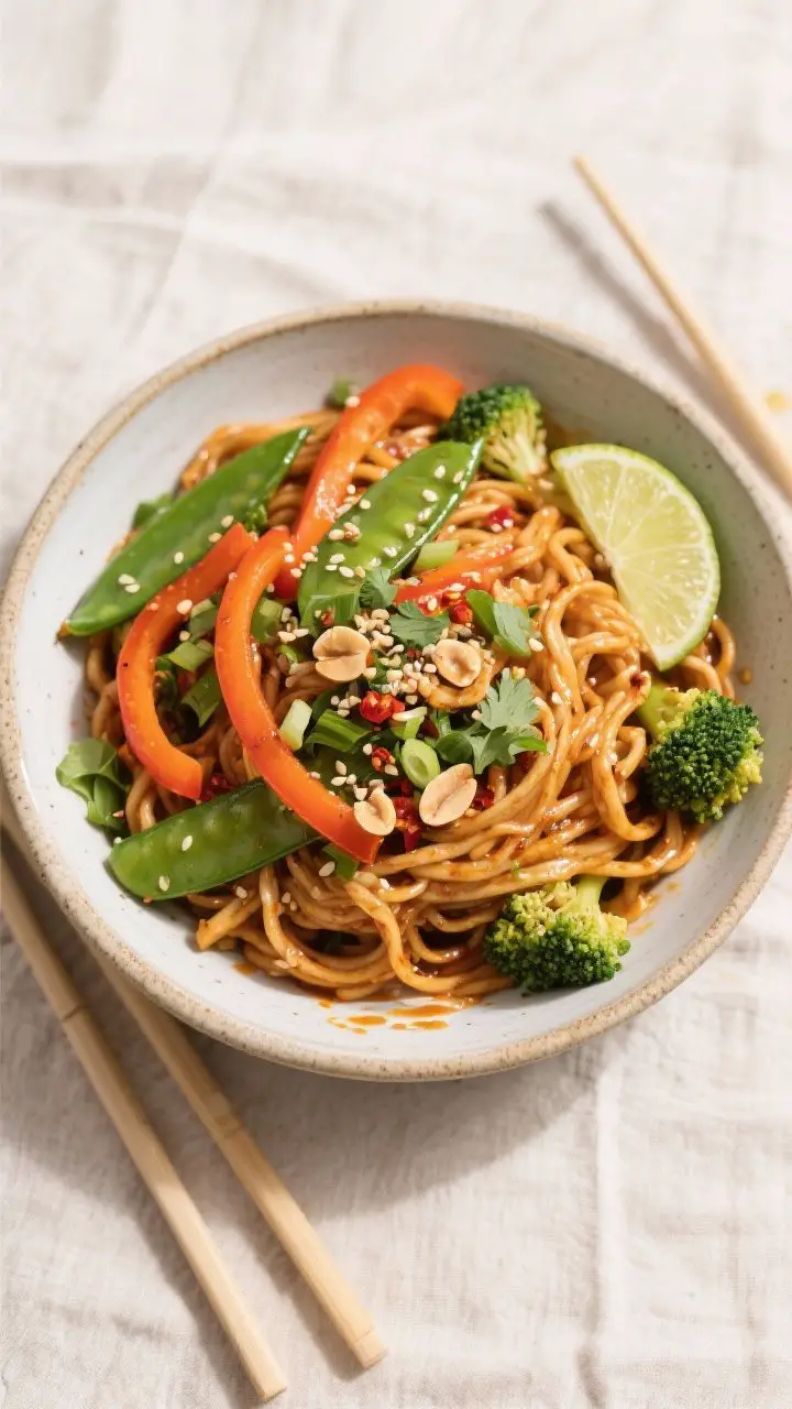 Tasty top view: Overhead shot of Spicy Vegan Peanut Noodles in a wide, shallow ceramic bowl, evenly 
