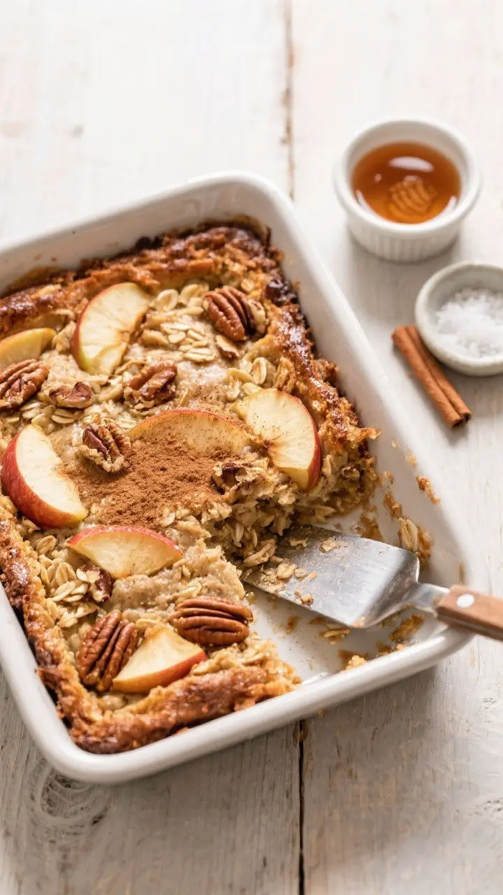 Tasty top view: Overhead shot of the Apple Cinnamon Oatmeal Breakfast Bake in an 8x8 baking dish, fr