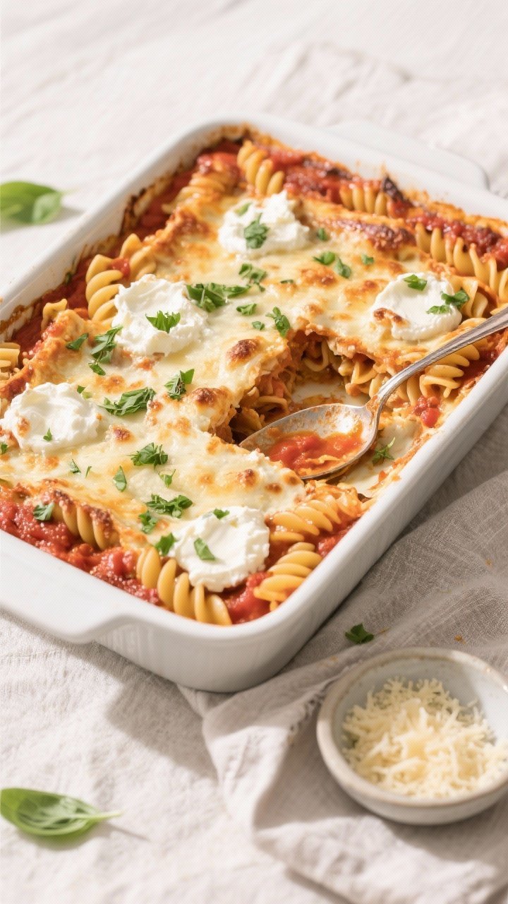 Tasty top view: Overhead shot of the assembled and baked pasta in a 9x13 dish, layers visible where 