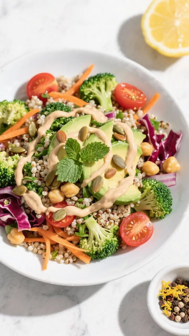 Tasty top view: Overhead shot of the assembled Broccoli Quinoa Superfood Salad in a wide, low white