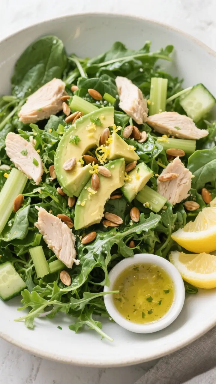 Tasty top view: Overhead shot of the dressed salad base in a large, matte white bowl—mixed greens
